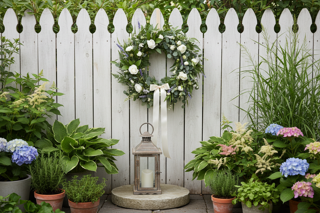 Gartendeko mit botanischem Kranz