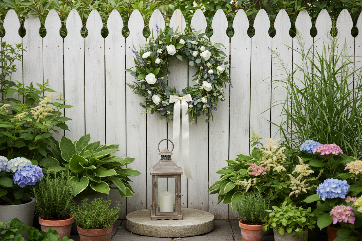 Gartendeko mit botanischem Kranz